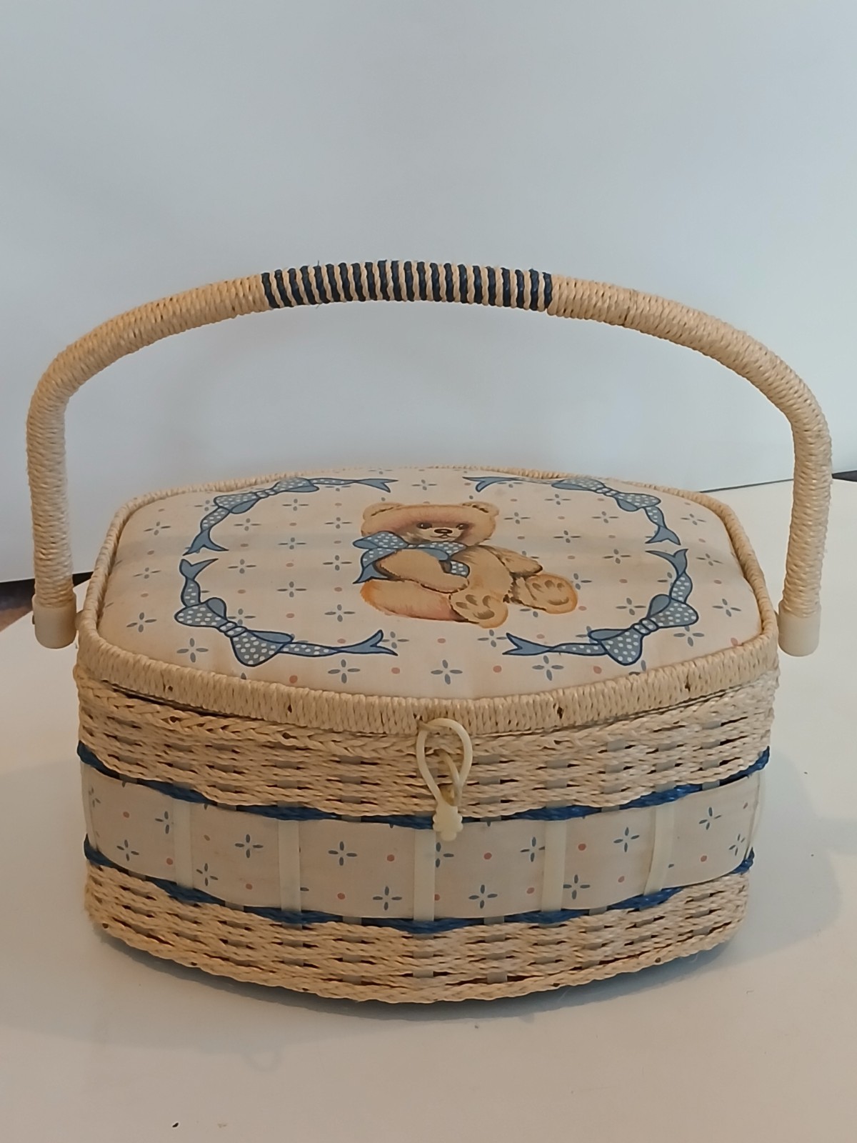 Vintage Sewing Basket Tapestry Design Wicker Woven