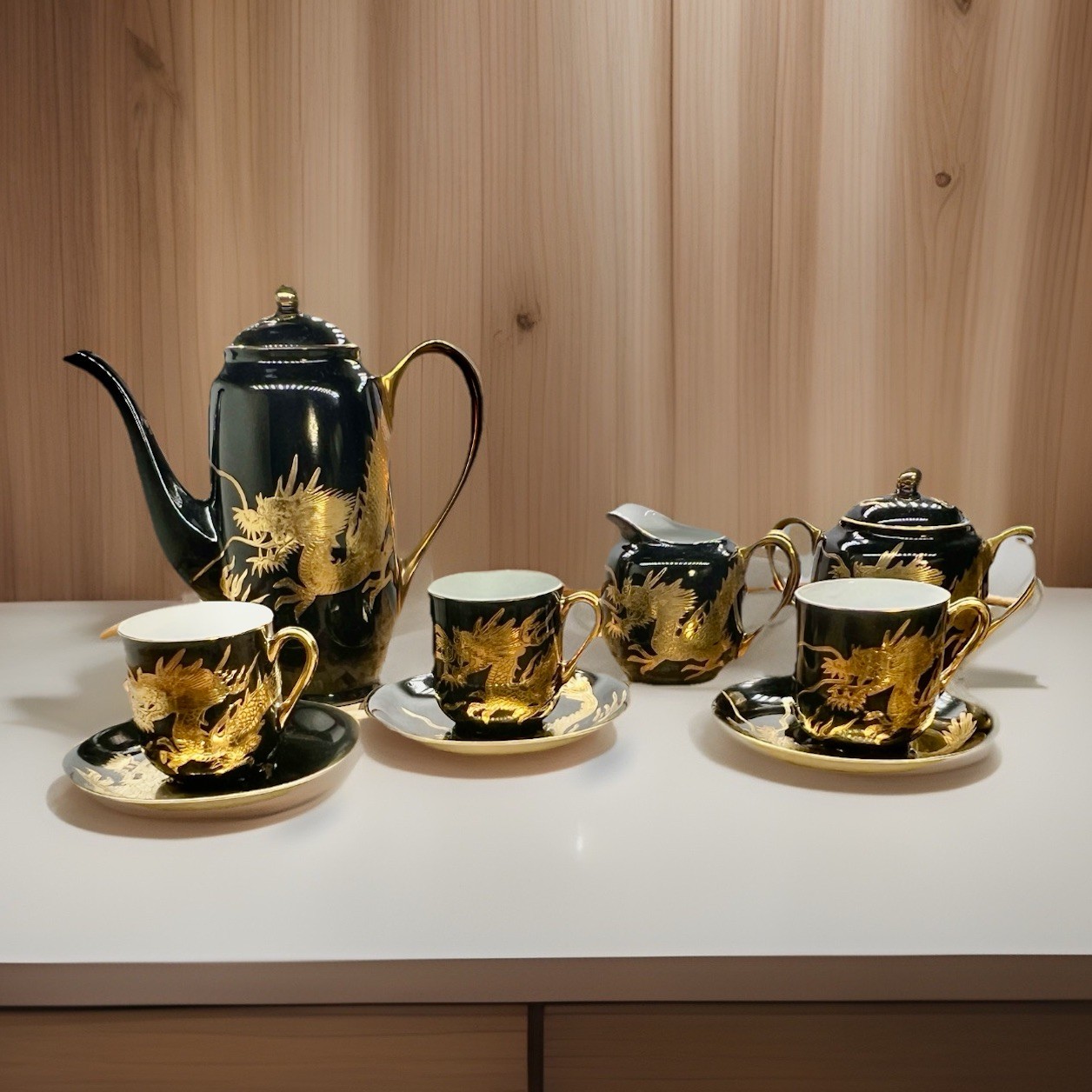 Vintage Gold Dragon Teapot Cup/Saucers Creamer Sugar Set Black Porcelain Japan