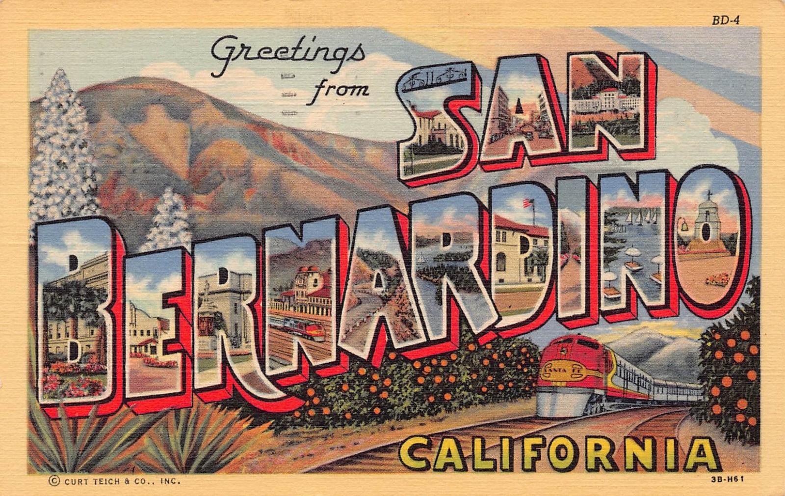 1947 San Bernardino California Greetings From Large Letter 3B-H61 Linen Postcard