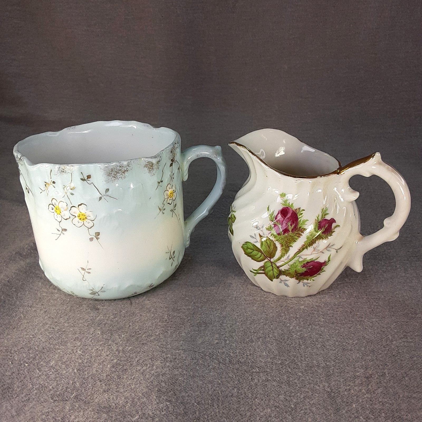 Vintage Floral Porcelain Lot - Antique Mustache Cup & Norcrest Wild Rose Creamer