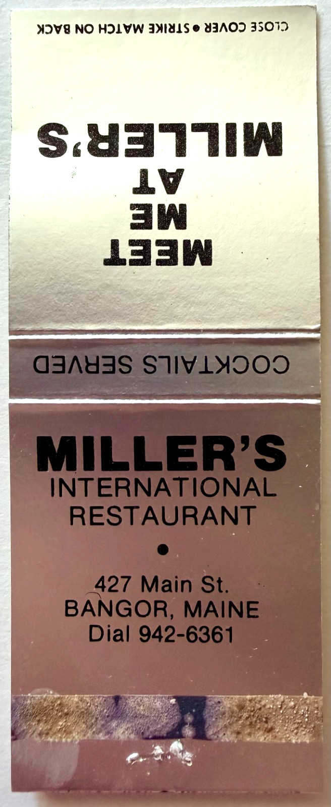 1960s Miller's International Matchbook Cover Bangor Maine Restaurant Cocktails