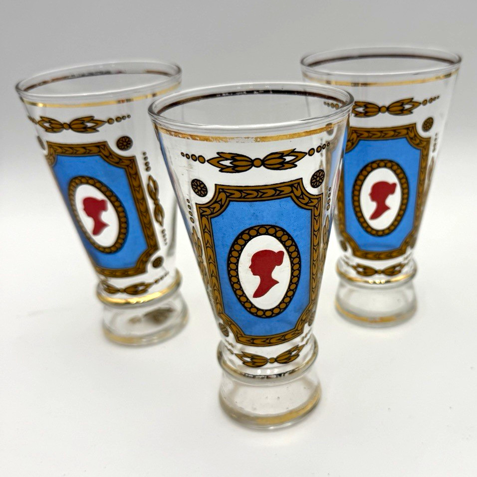 Vintage Cameo Cordial Glasses Set of 3 Blue Red Gold Gilt 5.5” Barware Vintage Cameo Cordial Glasses Set of 3 Blue Red Gold Gilt 5.5” Barware