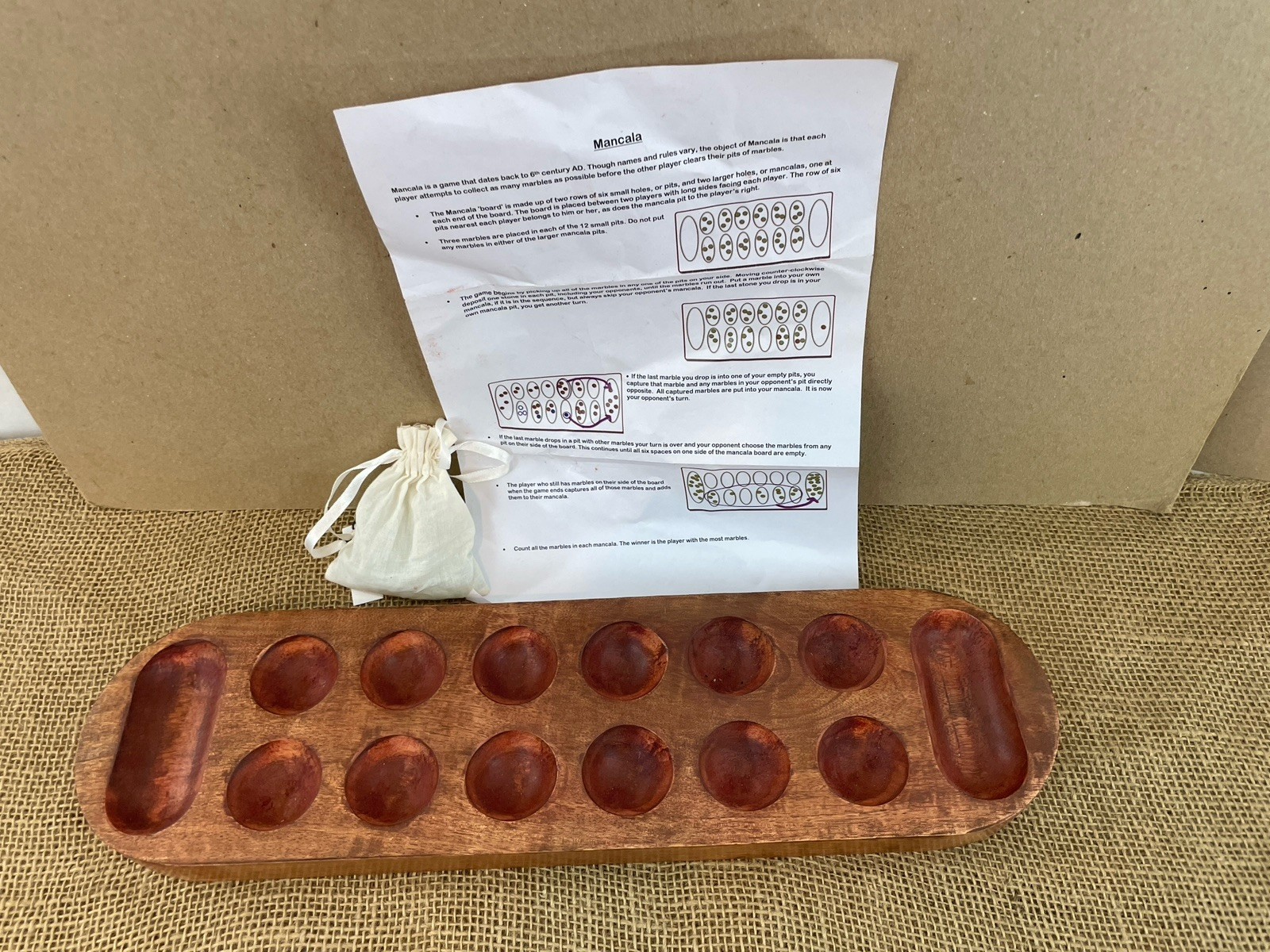 Hand Carved Solid Plank Acacia Wood African Mancala Board Game w Stones/Instrcns