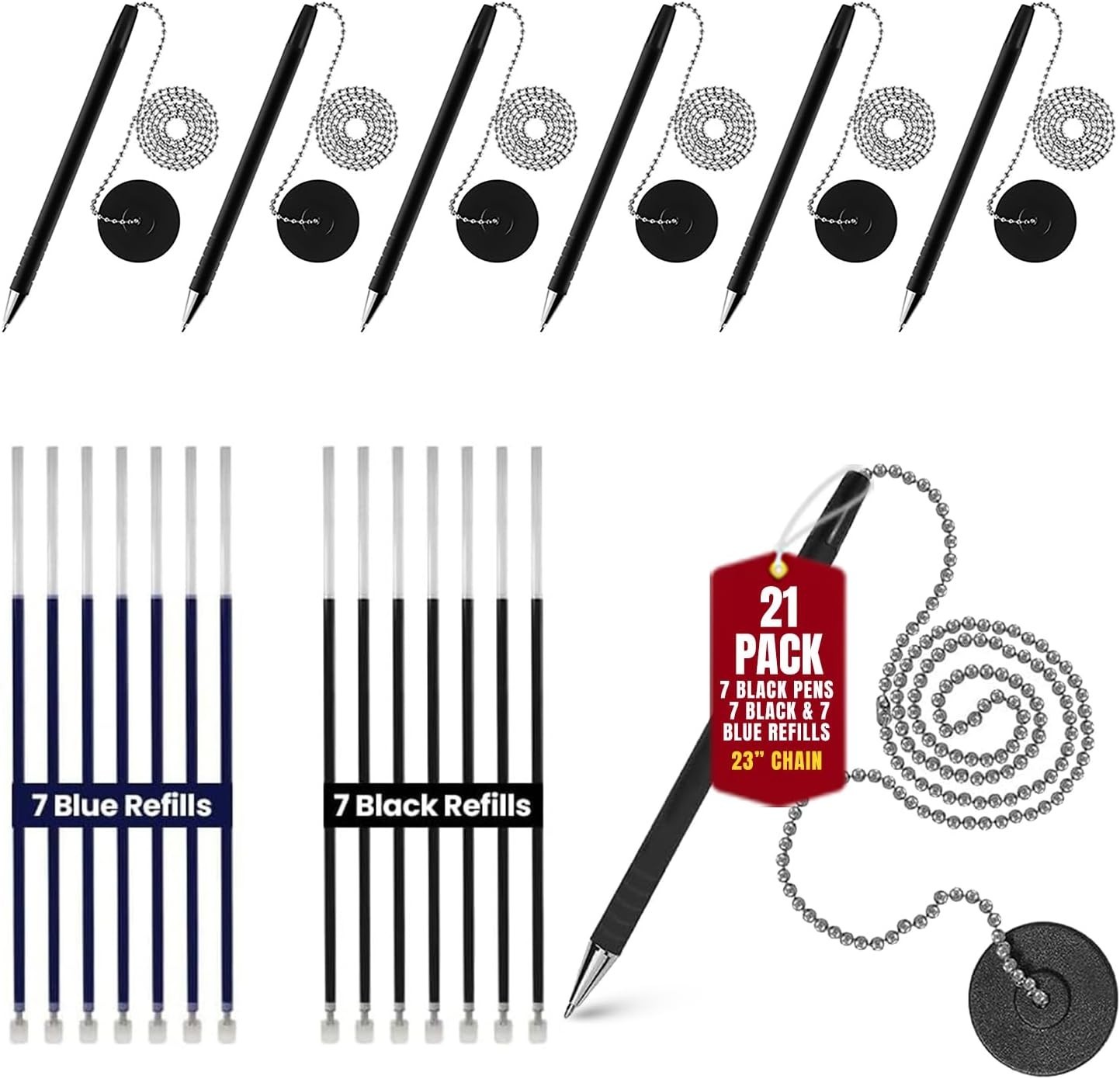 Pen with Chain [Pack of 21] – Security Desk Pen on a Chain Blue & Black Uwaomah 
