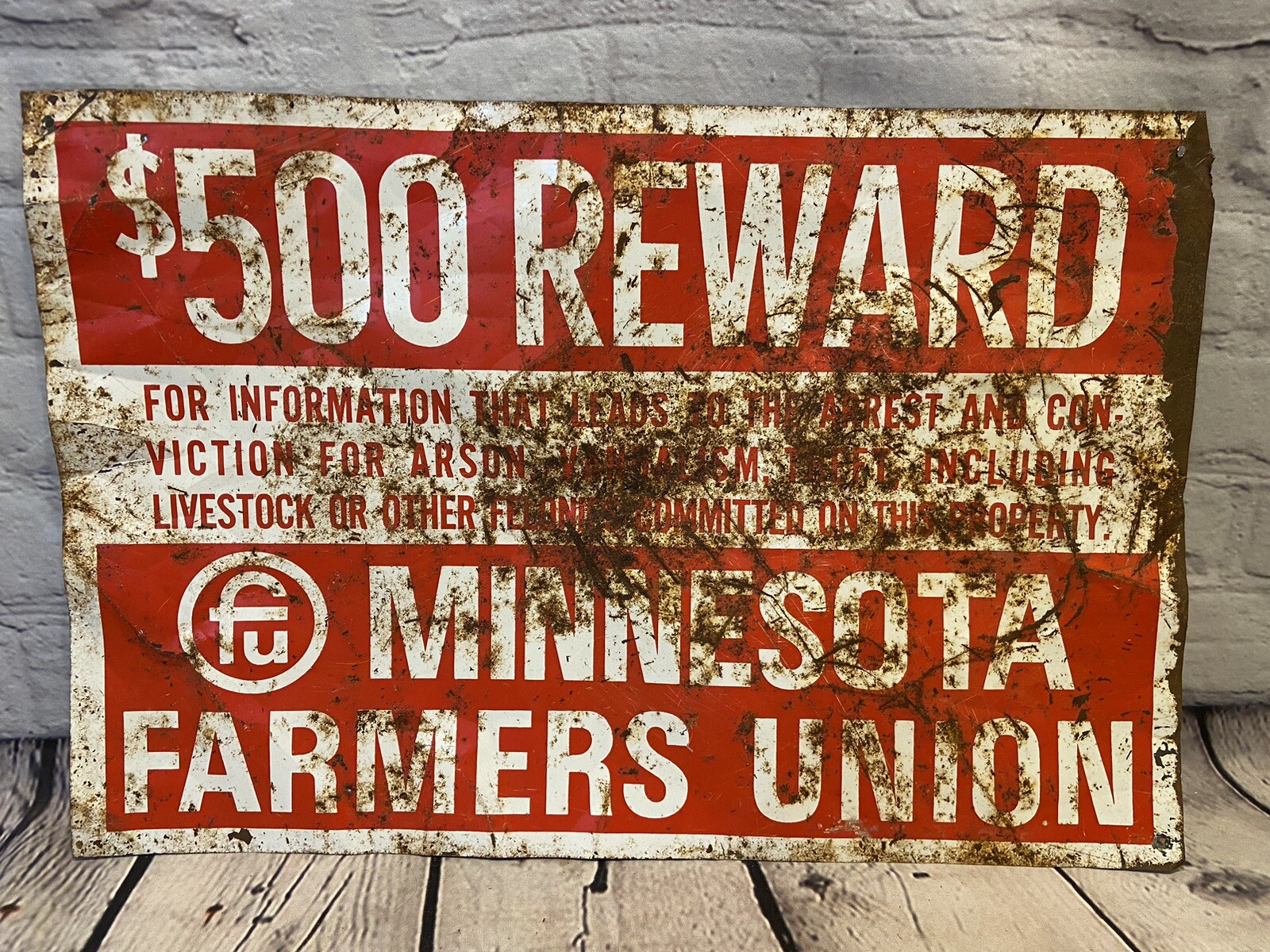 Vintage Minnesota Farmers Union Sign $500 Reward Sign Metal 18\