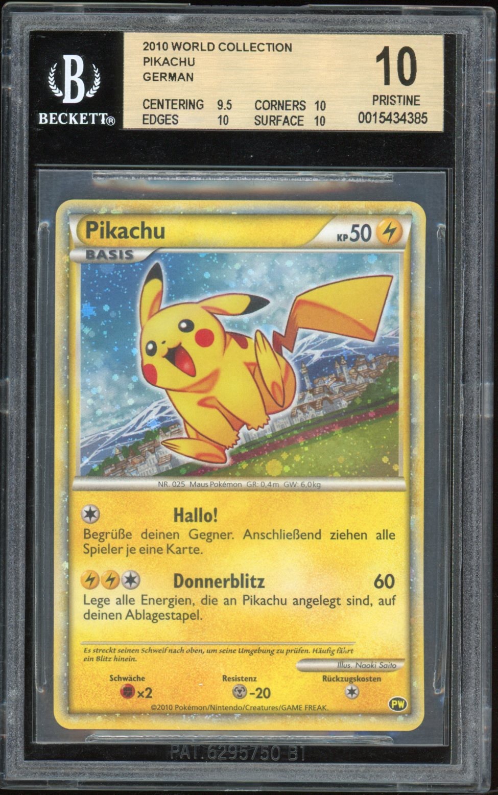 2010 Pokemon GERMAN World Collection Promo Pikachu Holo BGS 10 PRISTINE