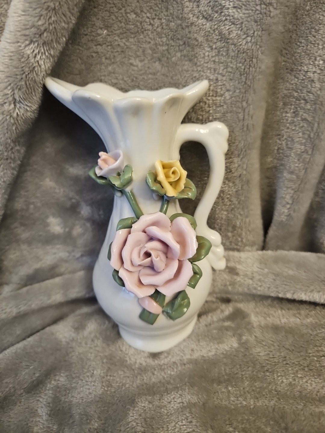 VINTAGE SMALL PORCELAIN FLORAL VASE - EWER PITCHER SHAPED CHINA - 6 VINTAGE SMALL PORCELAIN FLORAL VASE - EWER PITCHER SHAPED CHINA - 6