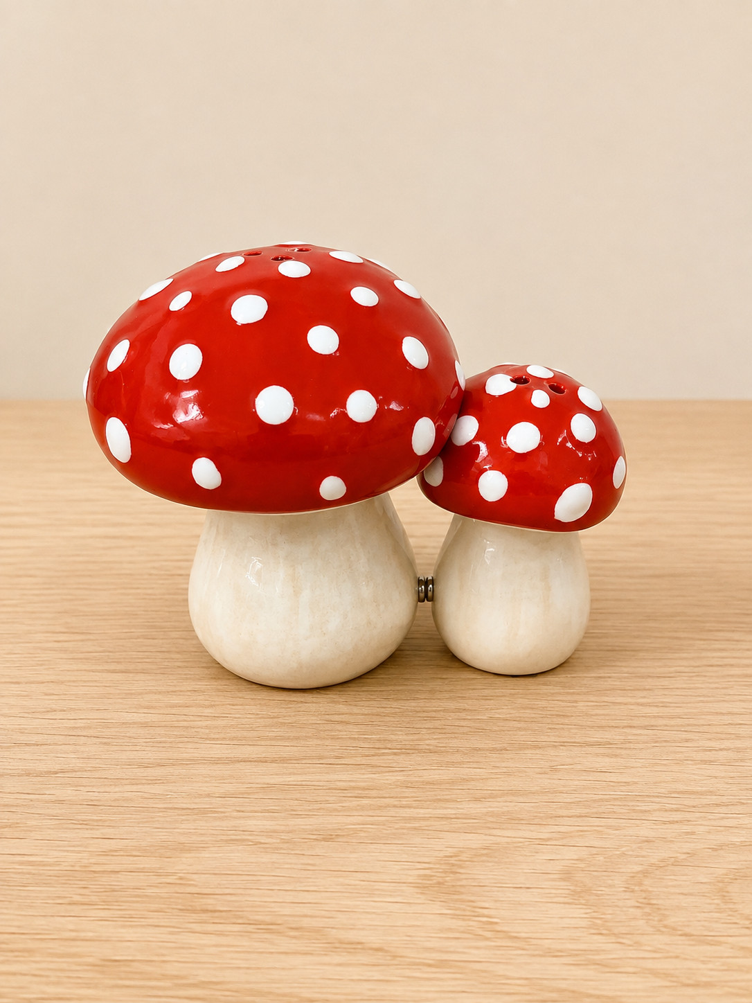 Spotted Mushroom Magnetic Salt and Pepper Shakers Ceramic Pair
