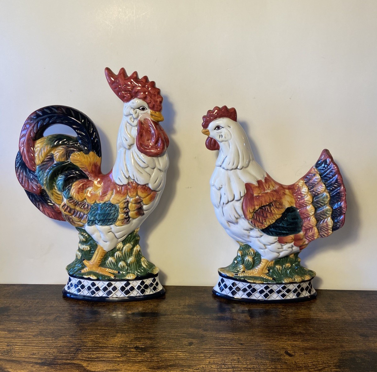 Beautiful Vibrant Hand Painted Hen and Rooster Wall Hanging Set Vintage 1990s