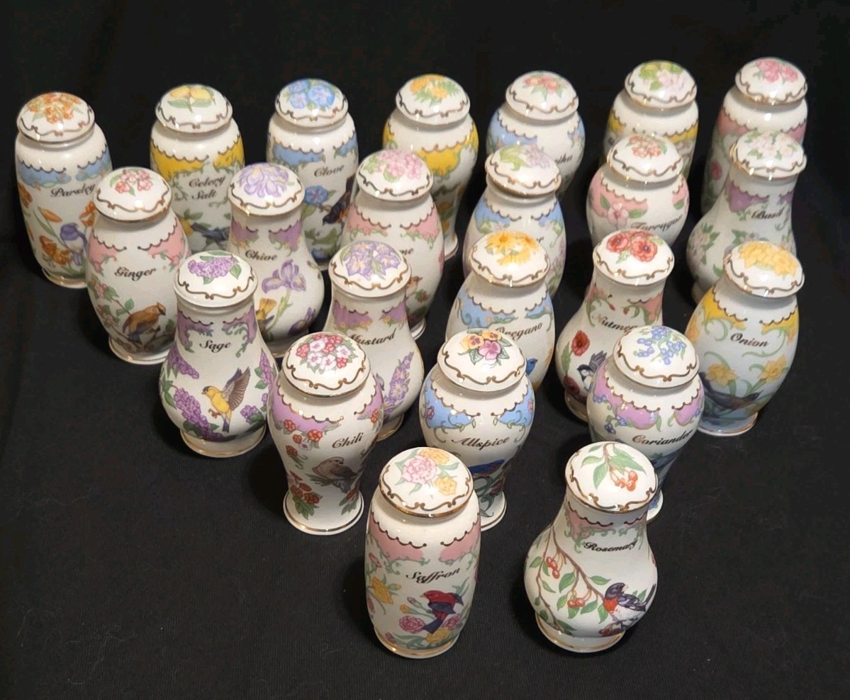 Lenox Rare Birds and Blossoms 23 Porcelain Spice Jar Set 1994 Vintage