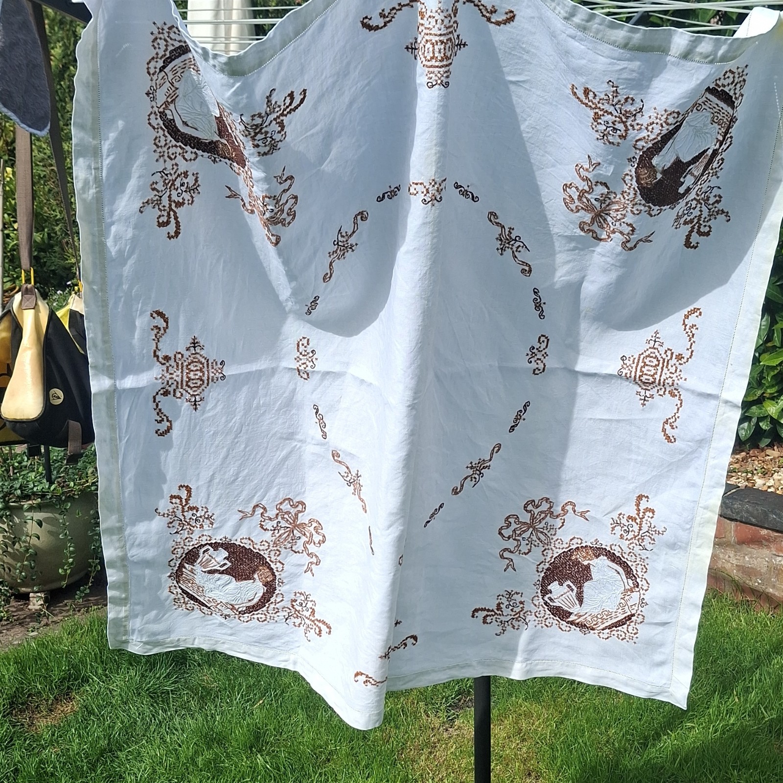 Antique vintage White & brown Embroidered grecian pattern tablecloth 100cmx100cm