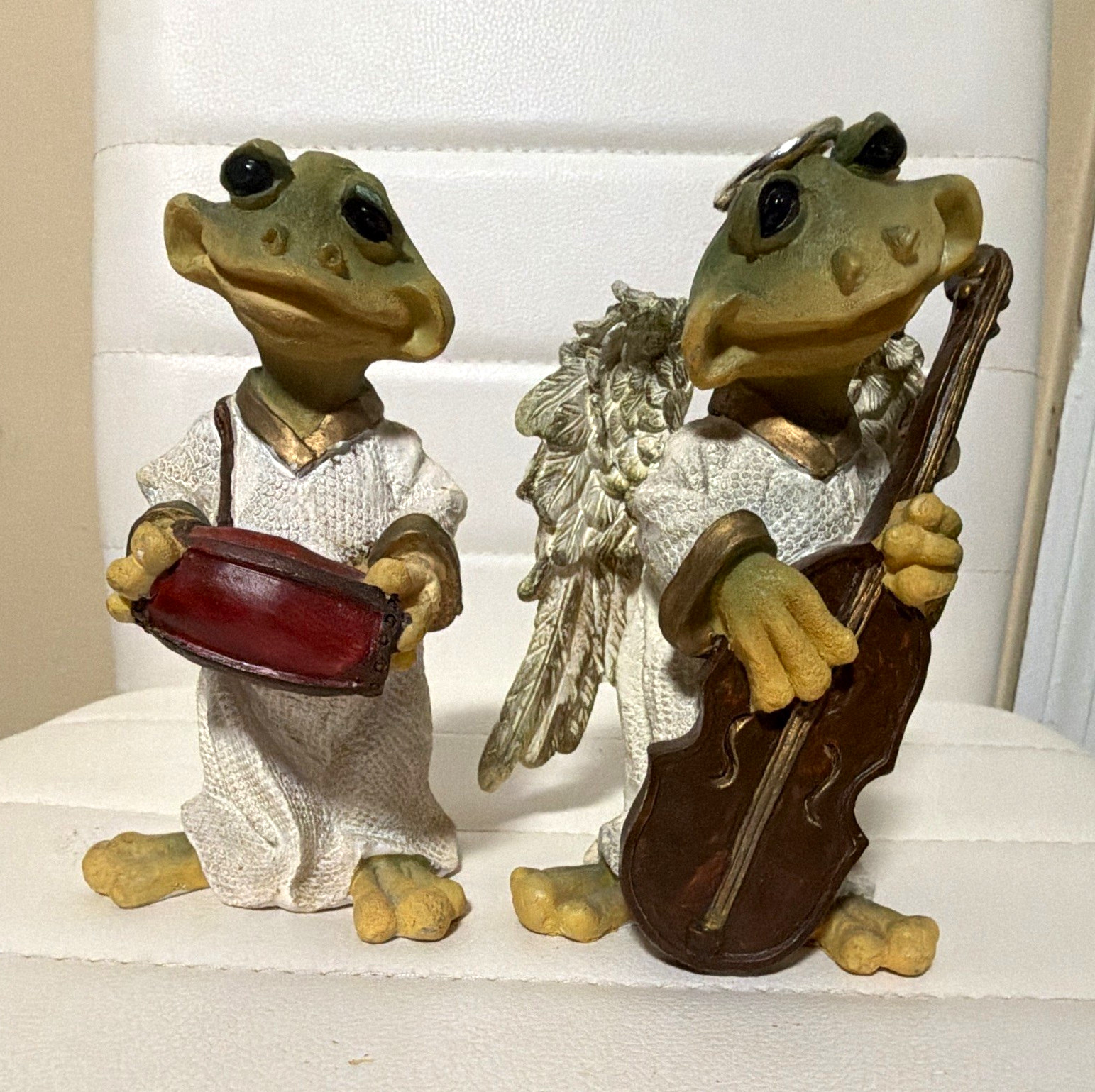 Angel Frog Figurines Set w/ Angel Wings, Drum & Cello, White Outfits, Resin