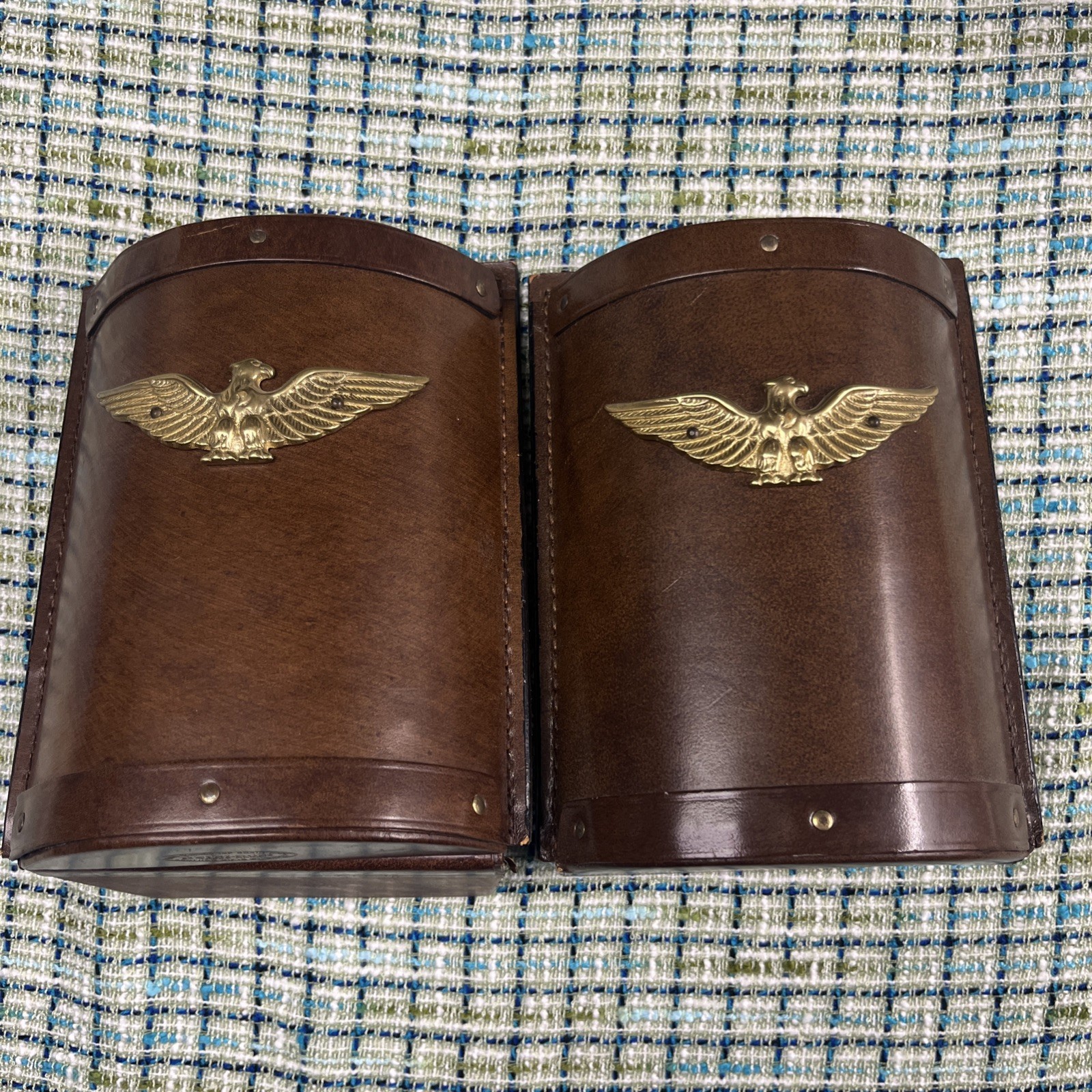 Vtg Pair Heirloom by Bosca Italy Brown Leather Brass American Eagle BookendsREAD