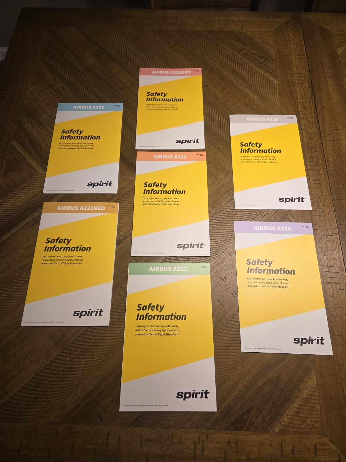 Set of 7 Spirit Airlines Safety Cards - 2022/2023