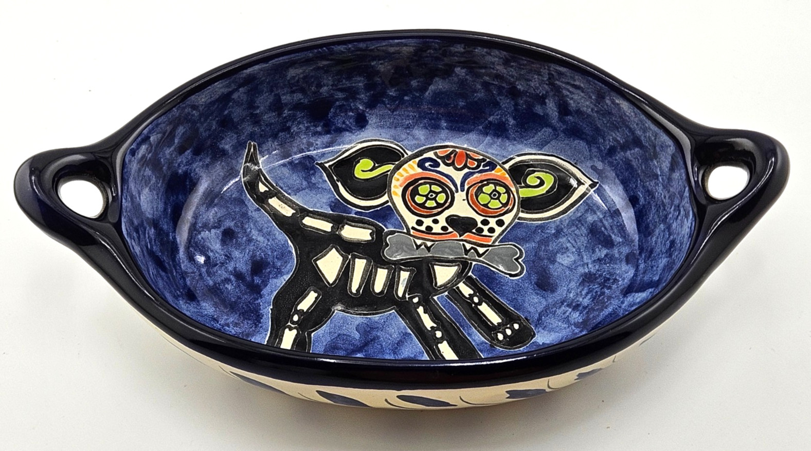 Vintage Mexican Pottery Sugar Skull Dog Baker Bowl Candrea Hand Painted 6.25