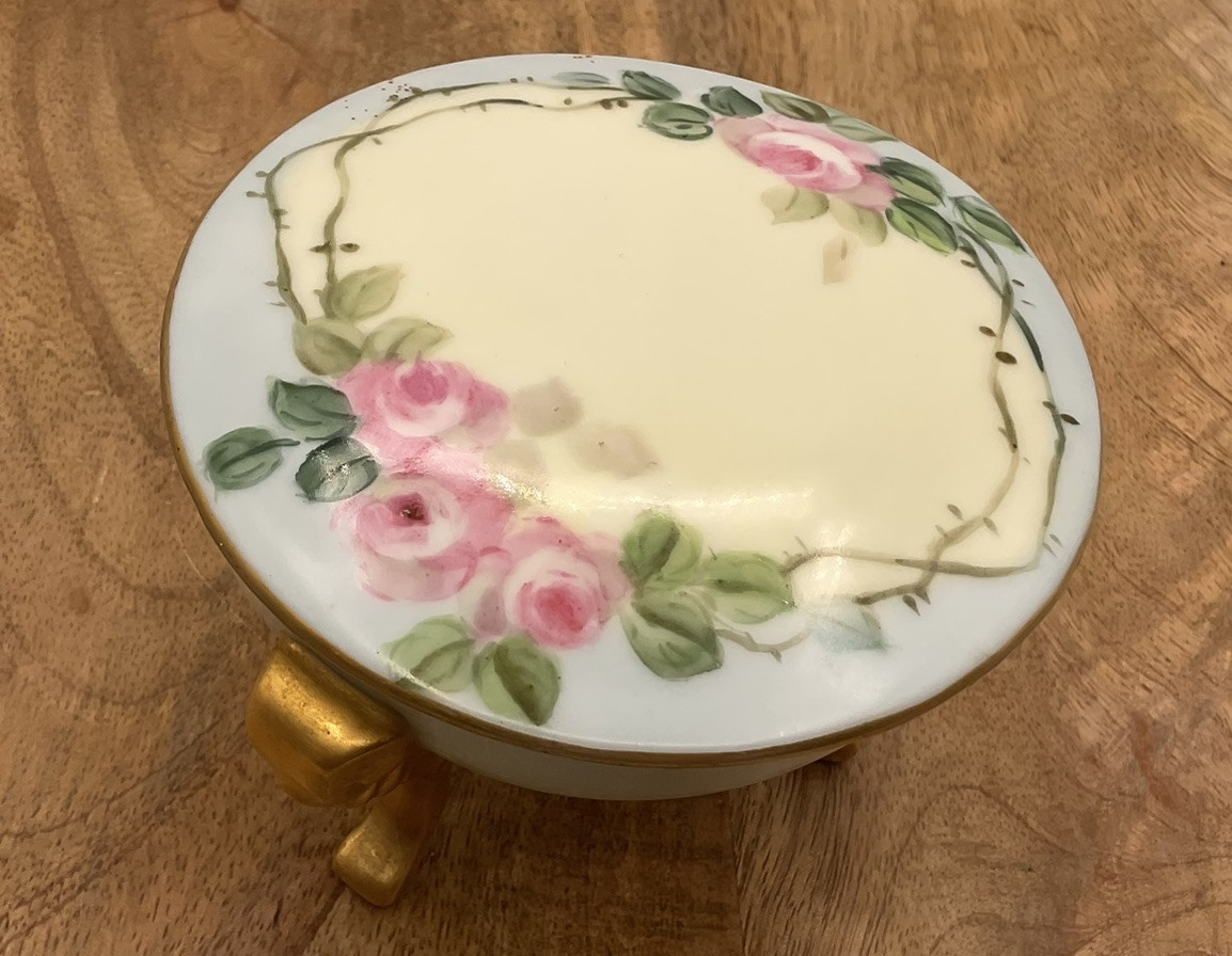 Antique Nippon Porcelain Powder/Jewelry Dish Hand Painted Foral W/Gold Accents