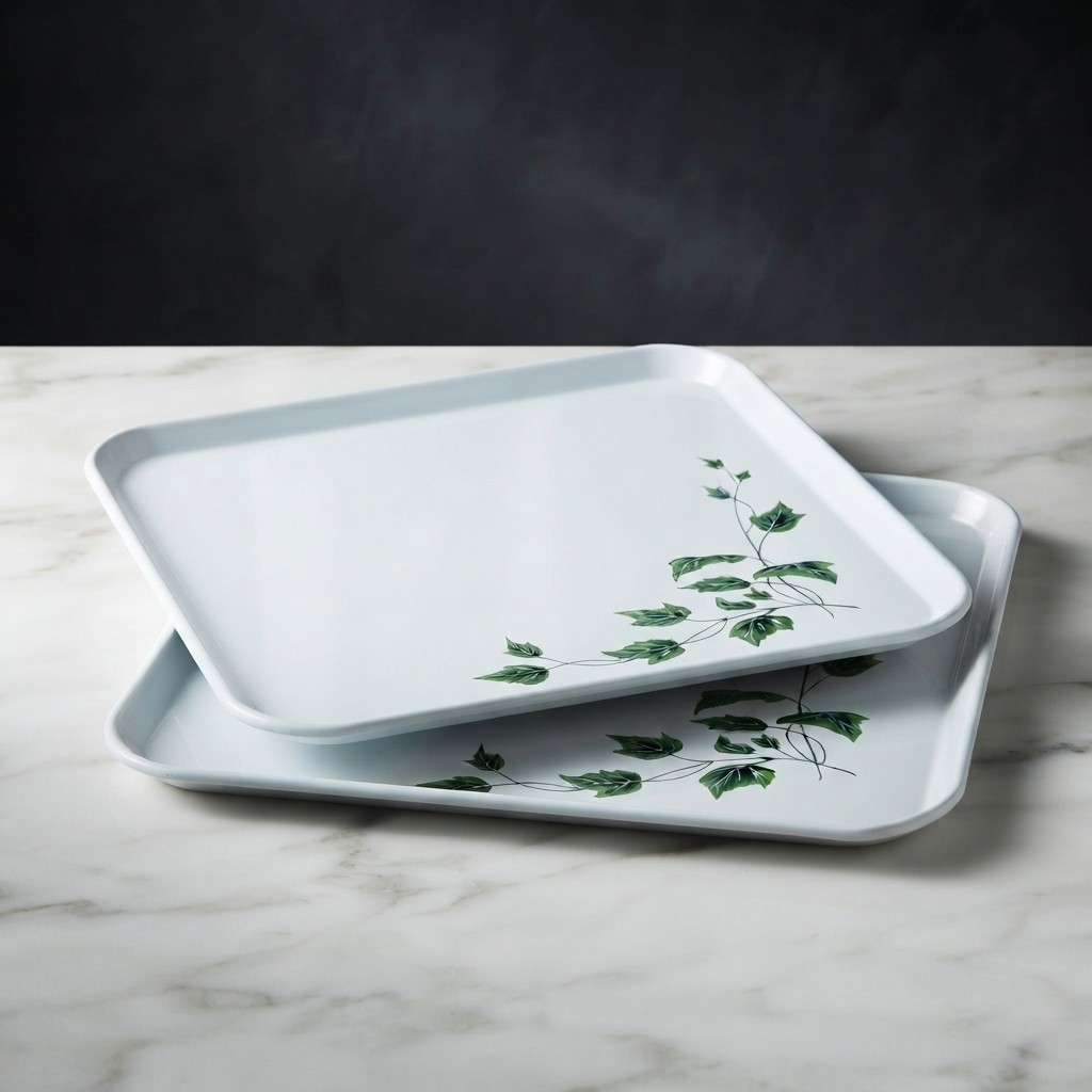Set Of 2 Vintage Serve A Dish Serving Trays White Green Ivy Leaf Metal 11x11