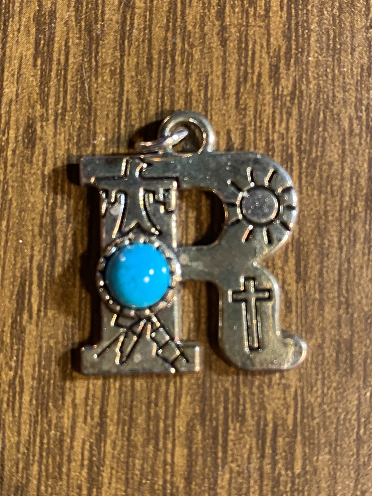 Silver Tone Southwest Faux Turquoise Monogram Initial R Charm Pendant Necklace