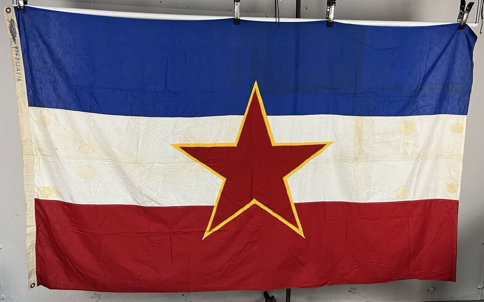 Vtg JNA Yugoslavia Army Tricolor Red Star Flag Sewn Flag 96” x 58”