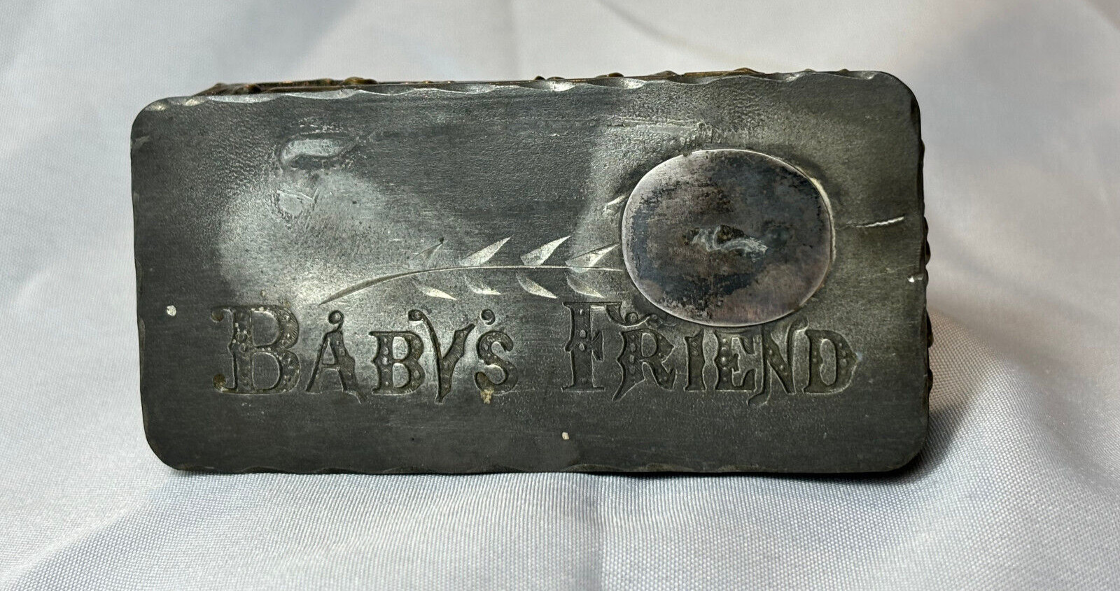 Antique Baby\'s Friend Safety Pin Trinket Box Keepsake Etched & Embossed Metal