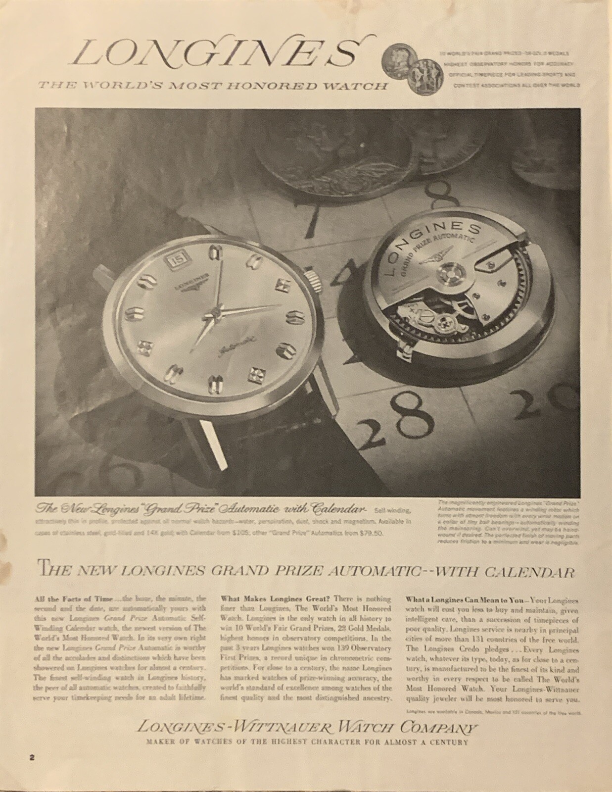 1963 Longines-Wittnauer Watch PRINT AD Grand Prize Automatic w Calendar VTG 60s 1963 Longines-Wittnauer Watch PRINT AD Grand Prize Automatic w Calendar VTG 60s