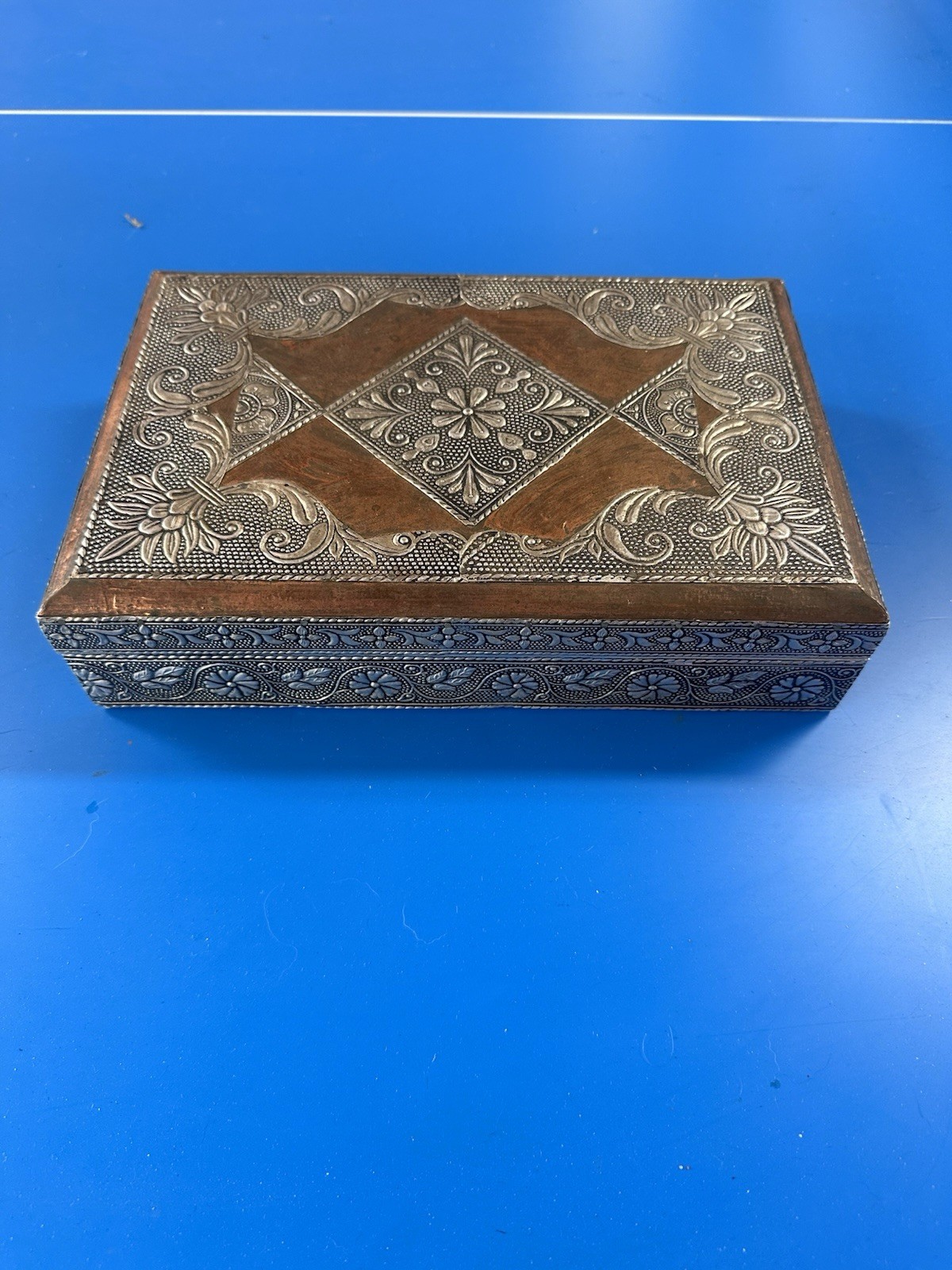 Vintage India Ornate Wood Jewelry Box Embossed Metal Floral Keepsake 12”