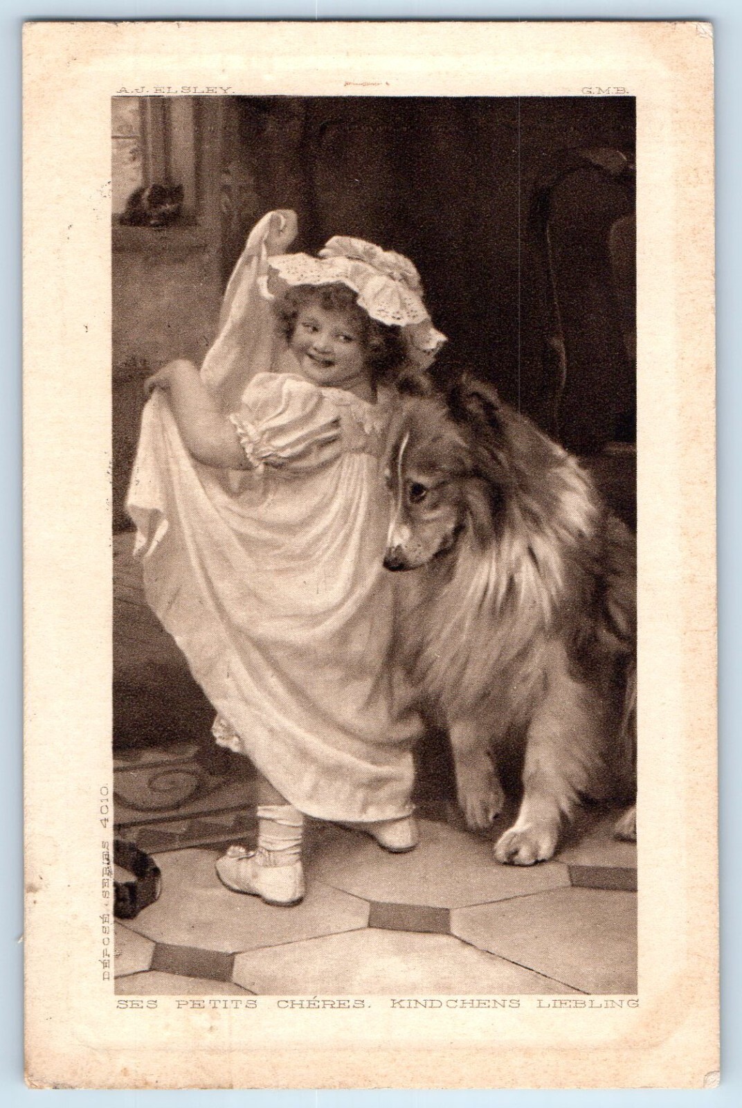 c1910's Little Girl Dressed White Bonnet With Dog Posted Antique Postcard