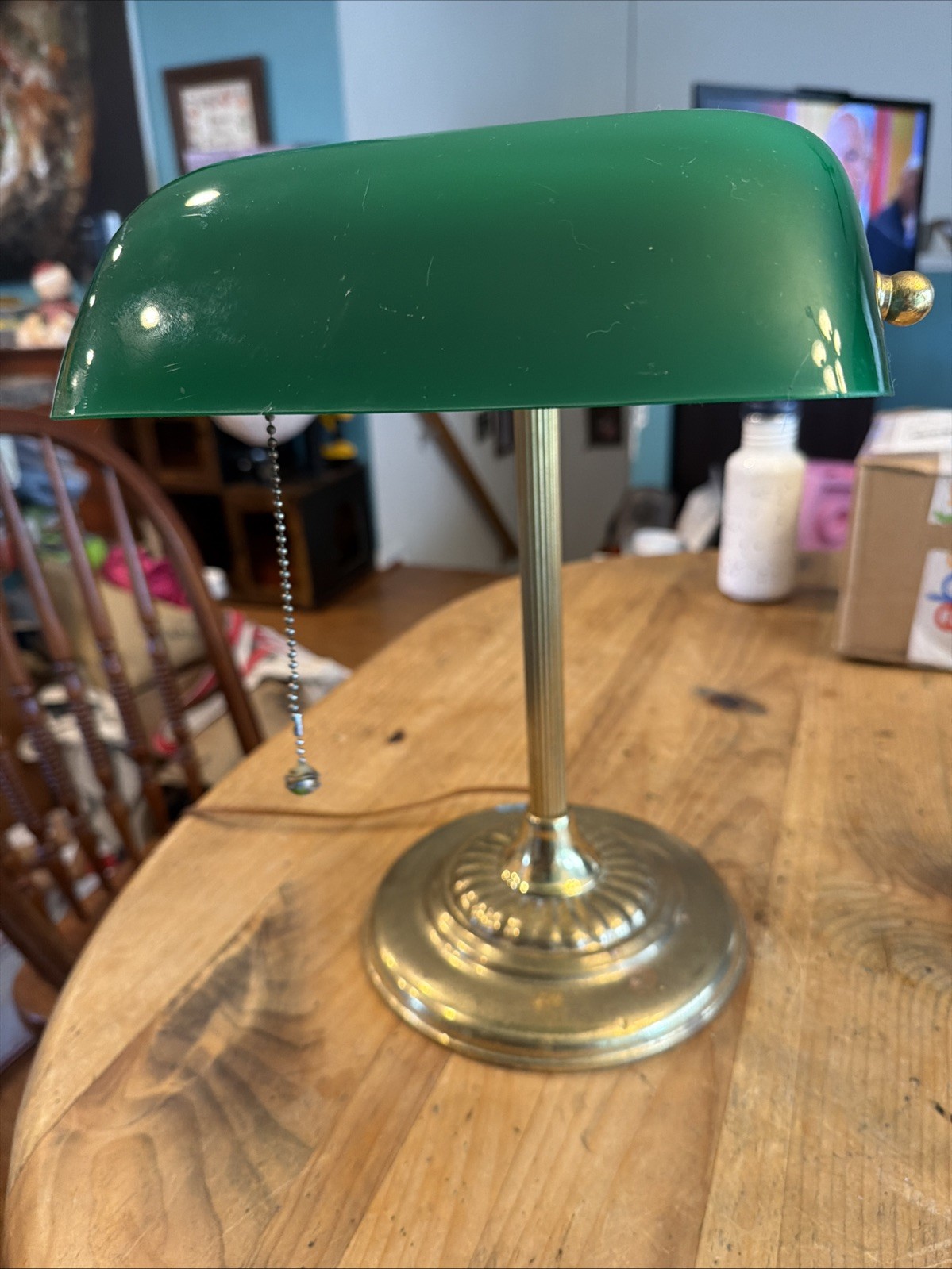 Banker\'s Lamp Green Glass Shade Art Deco Brass Pull String Vintage Retro Old