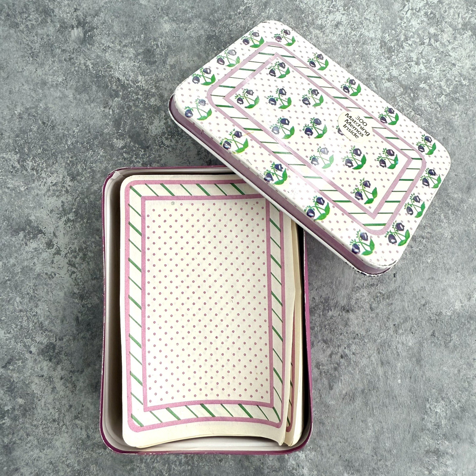 Vintage Giftco Purple Flowers Stationary Notes Paper Tin Made in Hong Kong