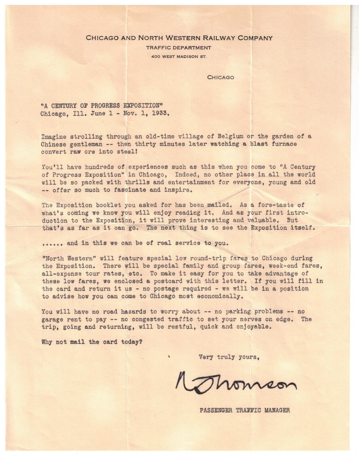Letter C&NW RR  COP 1933 Chicago\'s Worlds Fair