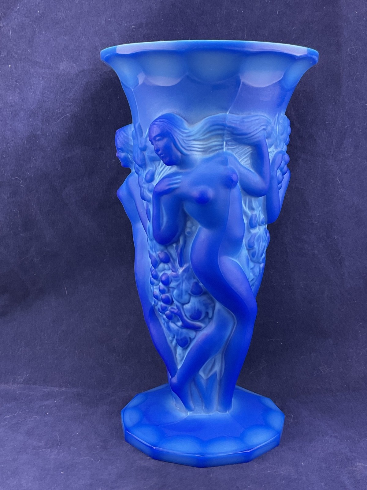 Hoffmann Schlevogt lapis blue bohemian glass grape harvest nudes vase Hoffmann Schlevogt lapis blue bohemian glass grape harvest nudes vase