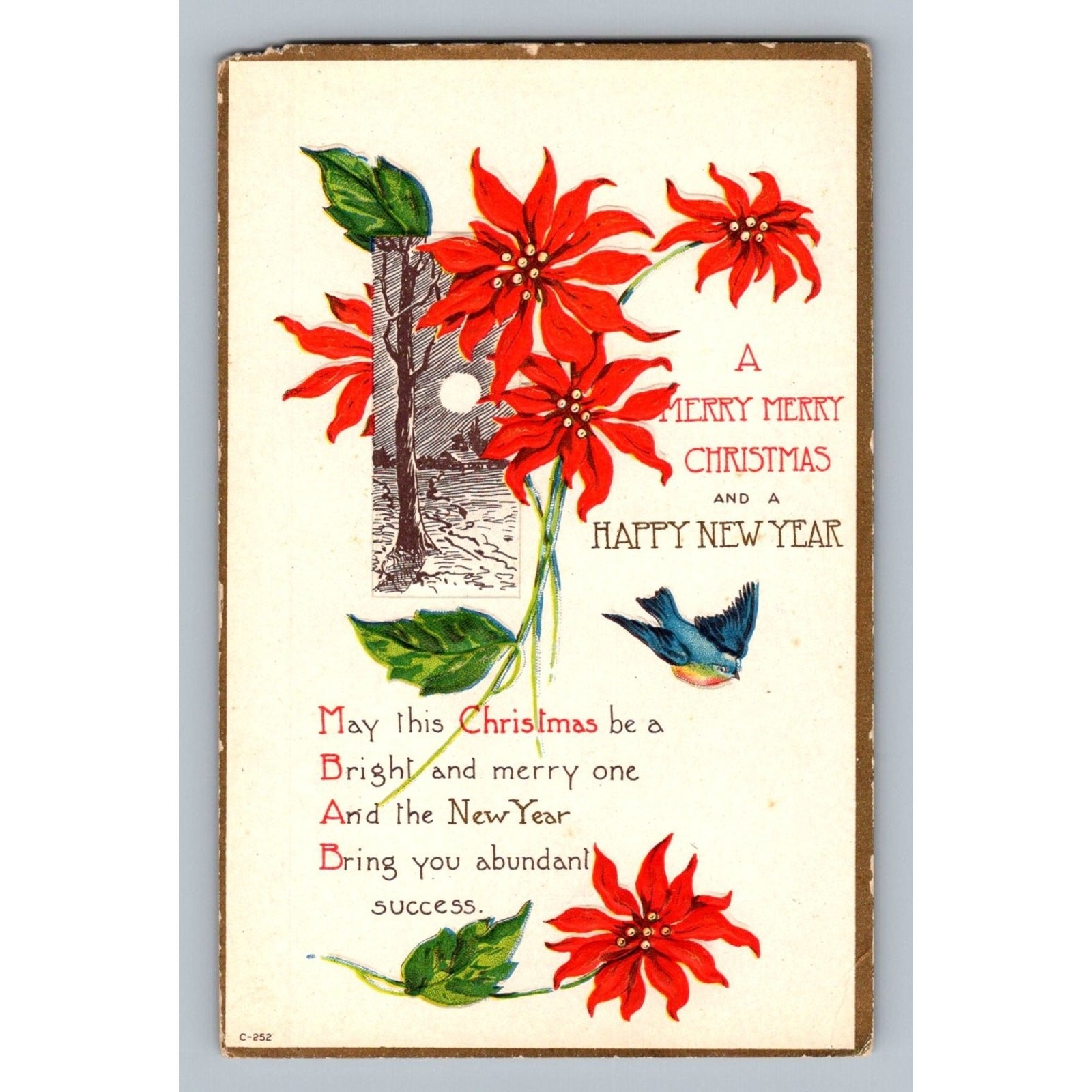 Vintage Christmas Poinsettia Postcard Winter Scene Blue Bird Embossed