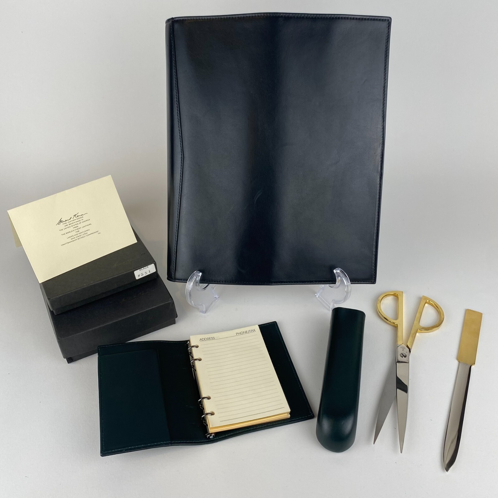 Vintage Stuart Kern America Black Leather Portfolio Desk Set Scissors NOS USA