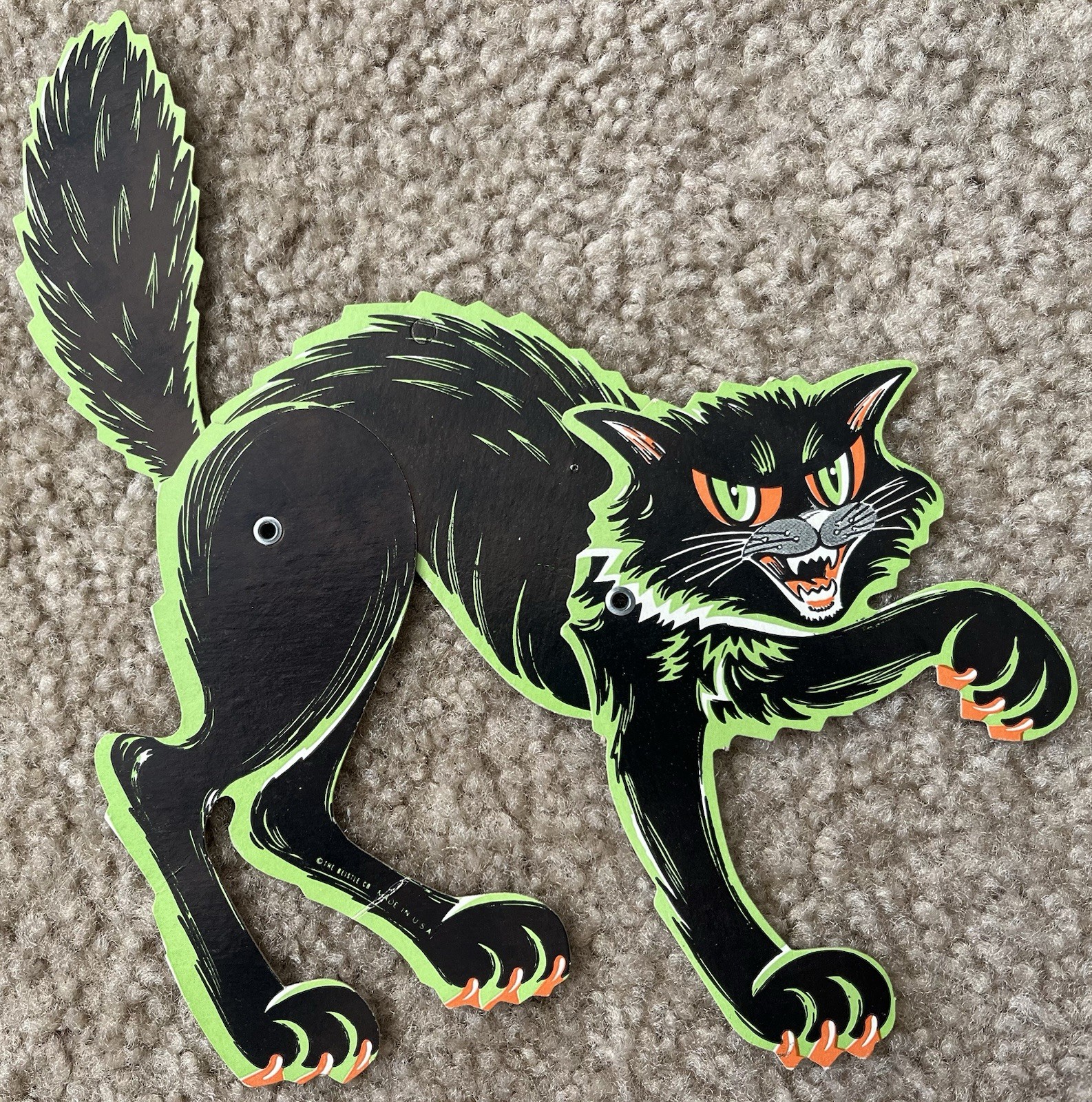 Vintage Beistle Jointed Black Cat Die-Cut Cardboard Hanging Wall Decor, 1950s
