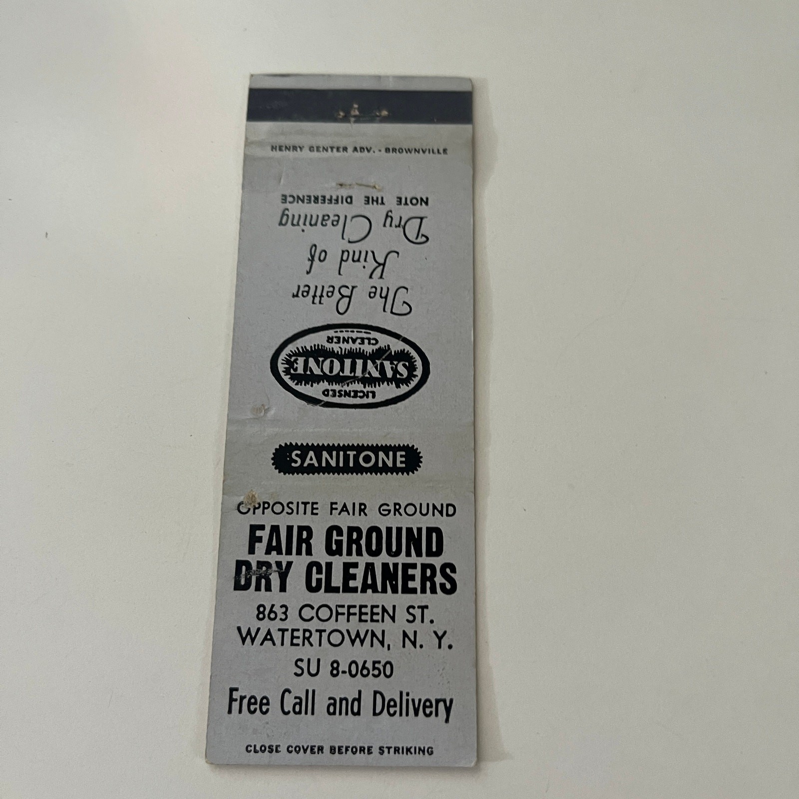 Sanitone Fair Ground Dry Cleaners Watertown NY Vintage Matchbook Cover SMB32-2