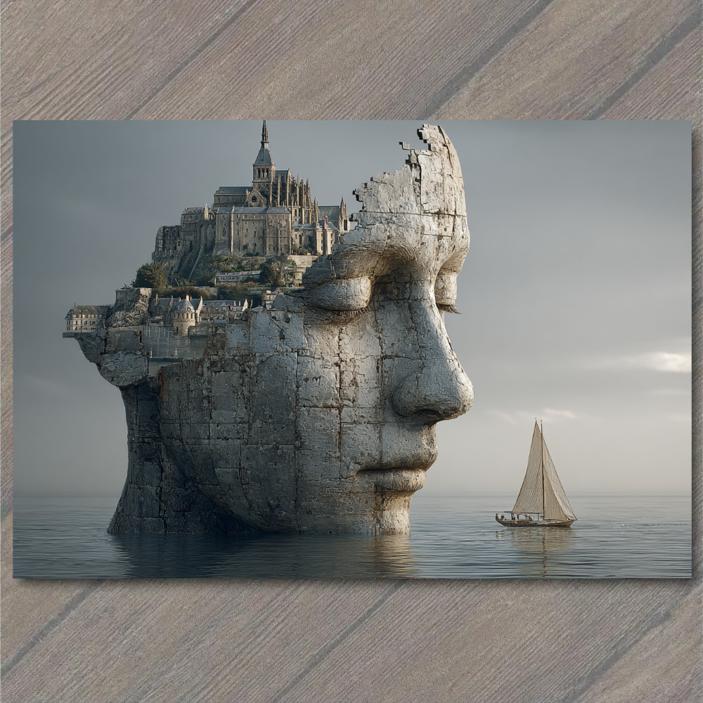 POSTCARD Stone Head Island Castle Sailboat Surreal Seascape