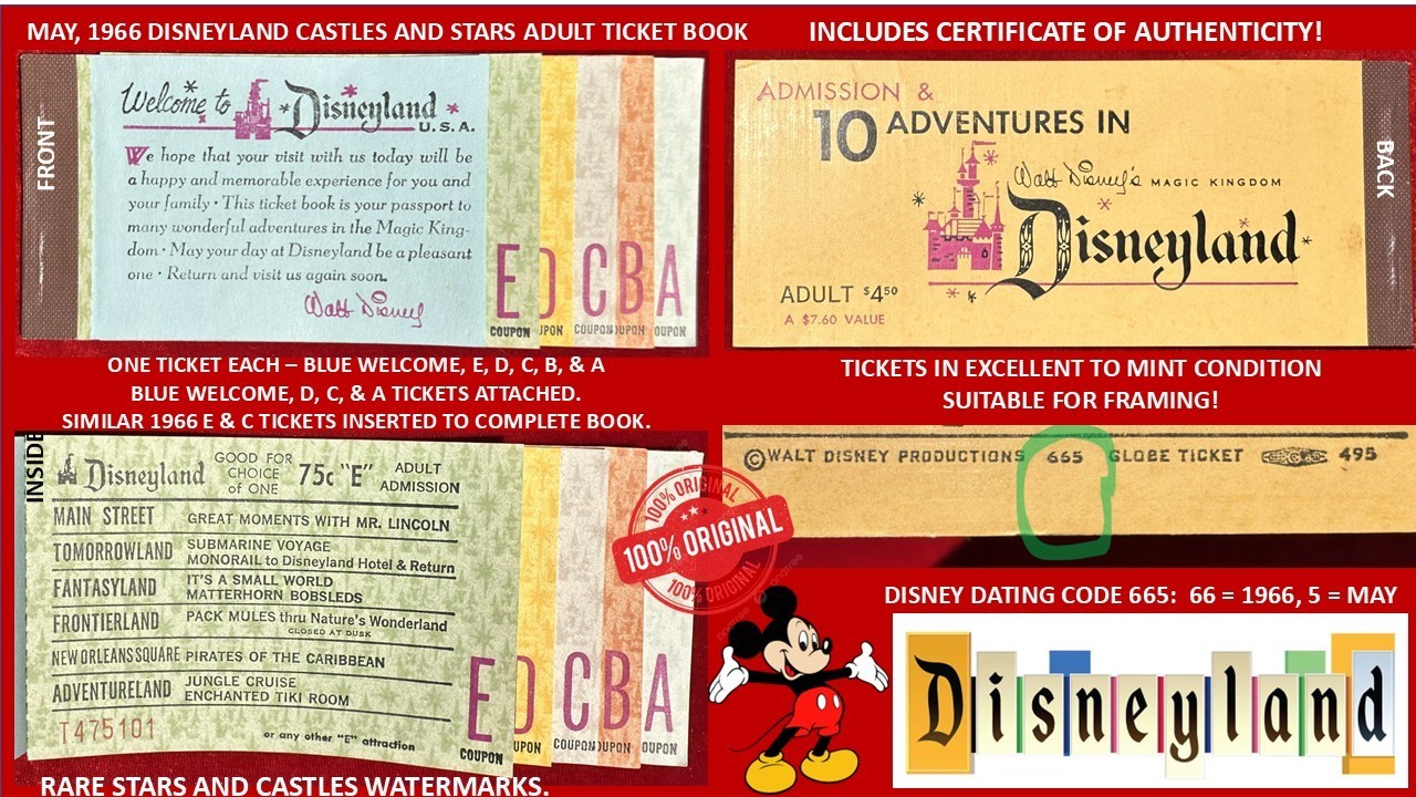 May 1966 Disneyland ADULT A B C D E Ticket Book TICKETS EX - NM with COA RARE G3