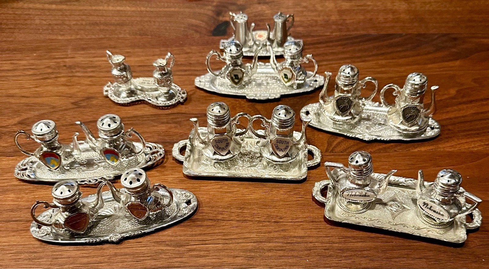 Vtg 60s Silver Plate Mini Tea Pots Trays States Souvenir Salt & Pepper Lot Japan