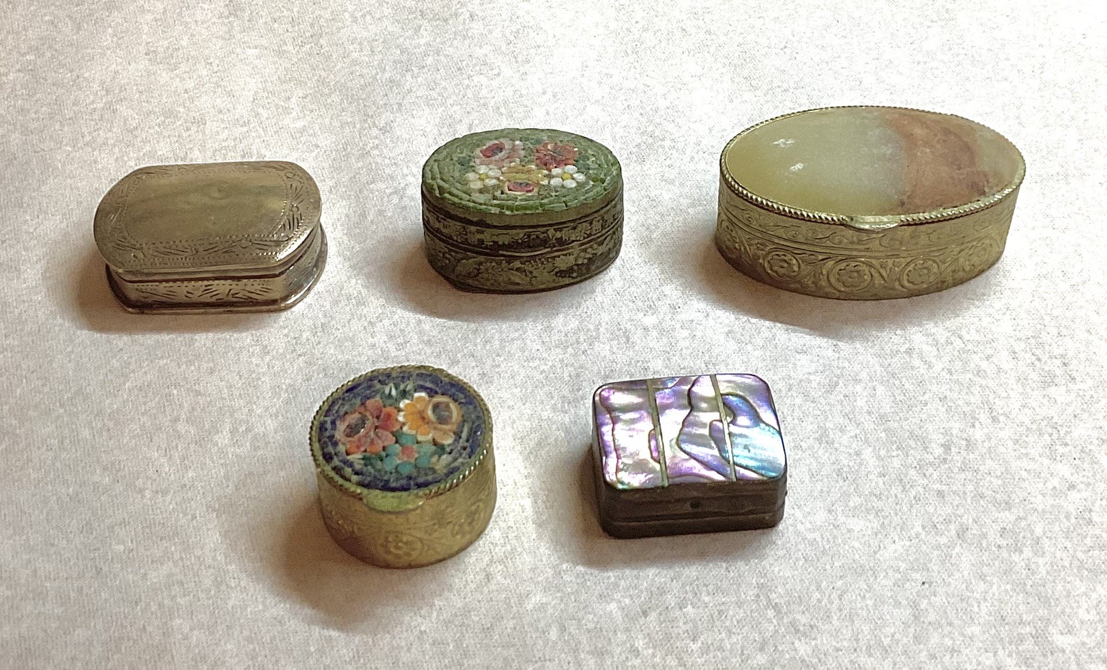 Antique Vintage Lot of 5 Small Pill Snuff Vanity Boxes Silver Brass Marble G1
