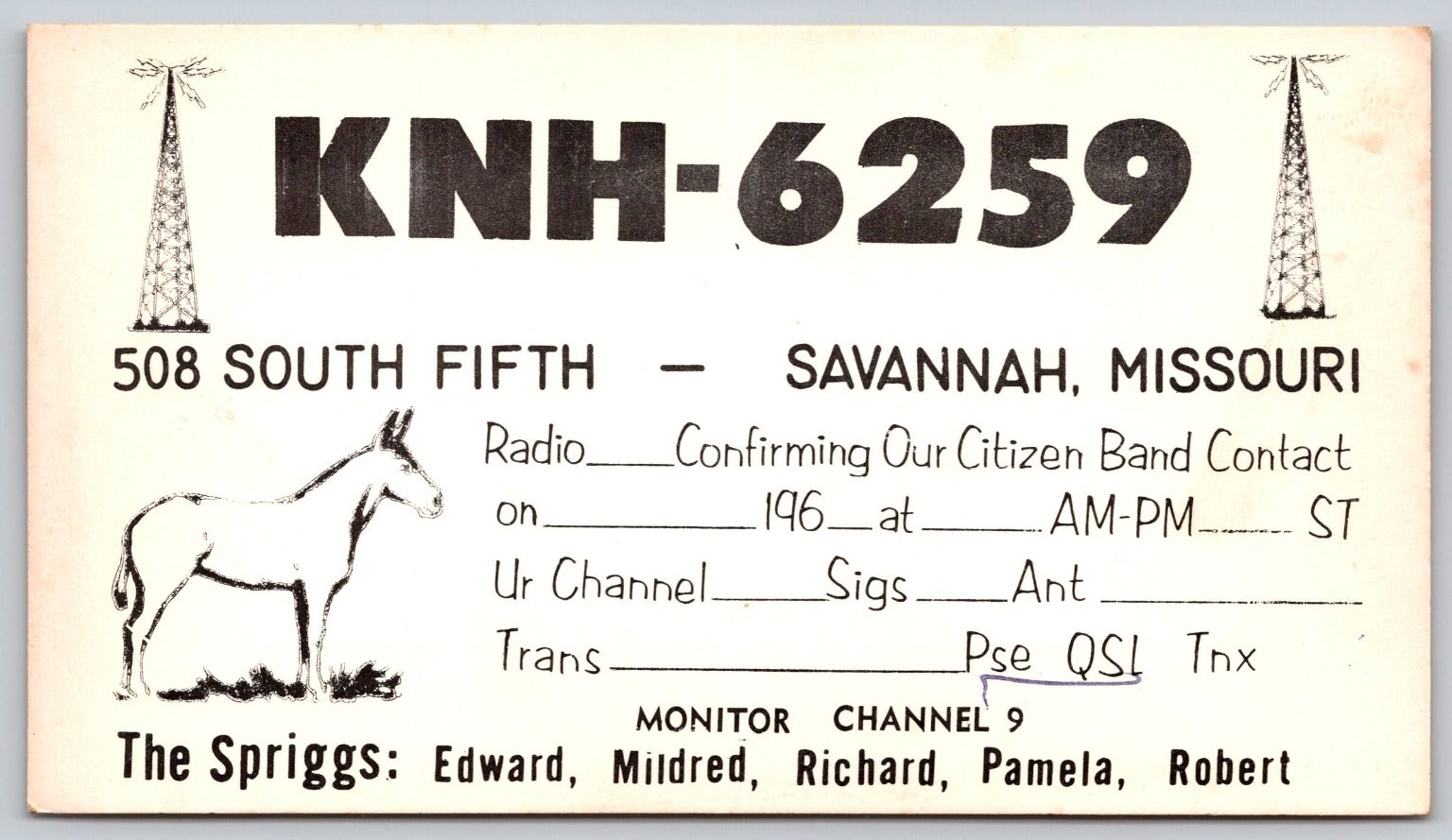 Vintage KNH-6259 CB Radio QSL Card Savannah MO Spriggs Family Donkey Mule C126