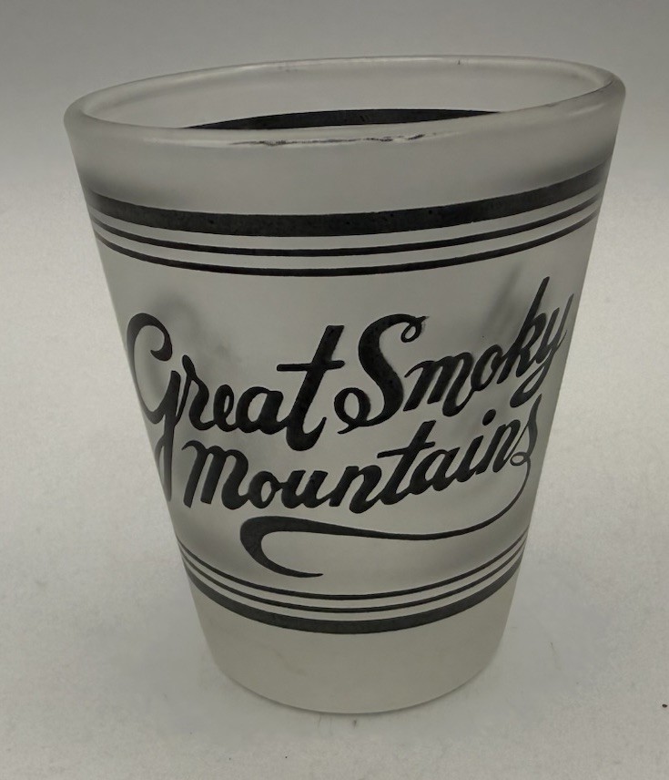 Great Smoky Mountains Frosted Shot Glass Black Writing Great Smoky Mountains Frosted Shot Glass Black Writing