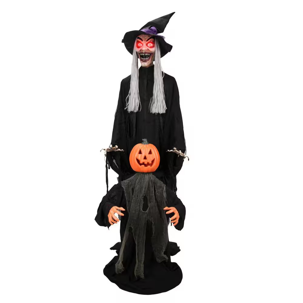 6.1 Ft. Animated LED Standing Witch with Pumpkin Man Halloween Animatronic