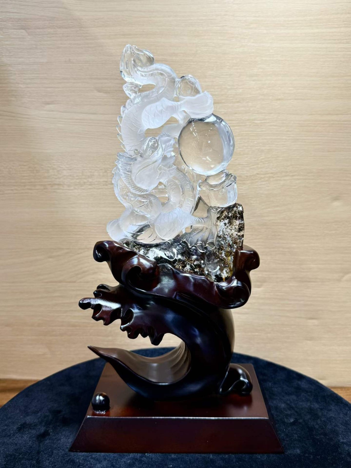 2.17LB Top Natural Clear Quartz Carved Crystal Dragon Reiki Healing Decor +stand