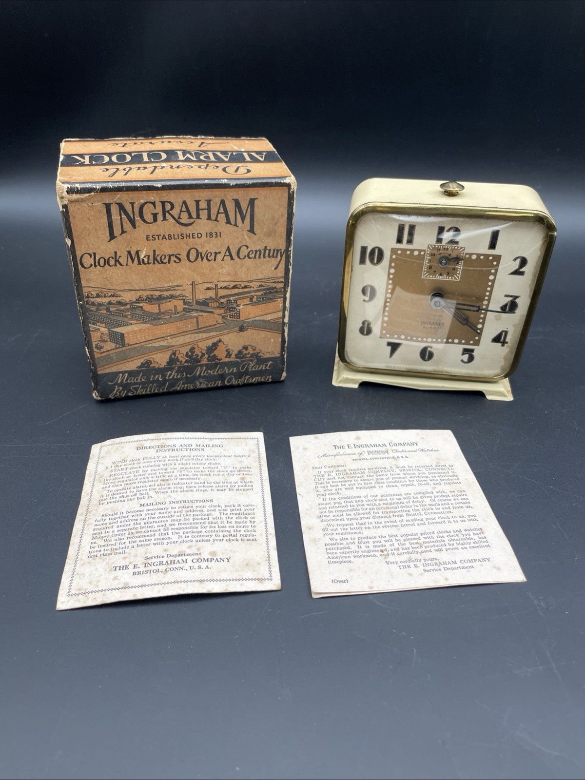 Antique Ingraham Alarm Clock * Art Deco * All Metal Case w Original Box
