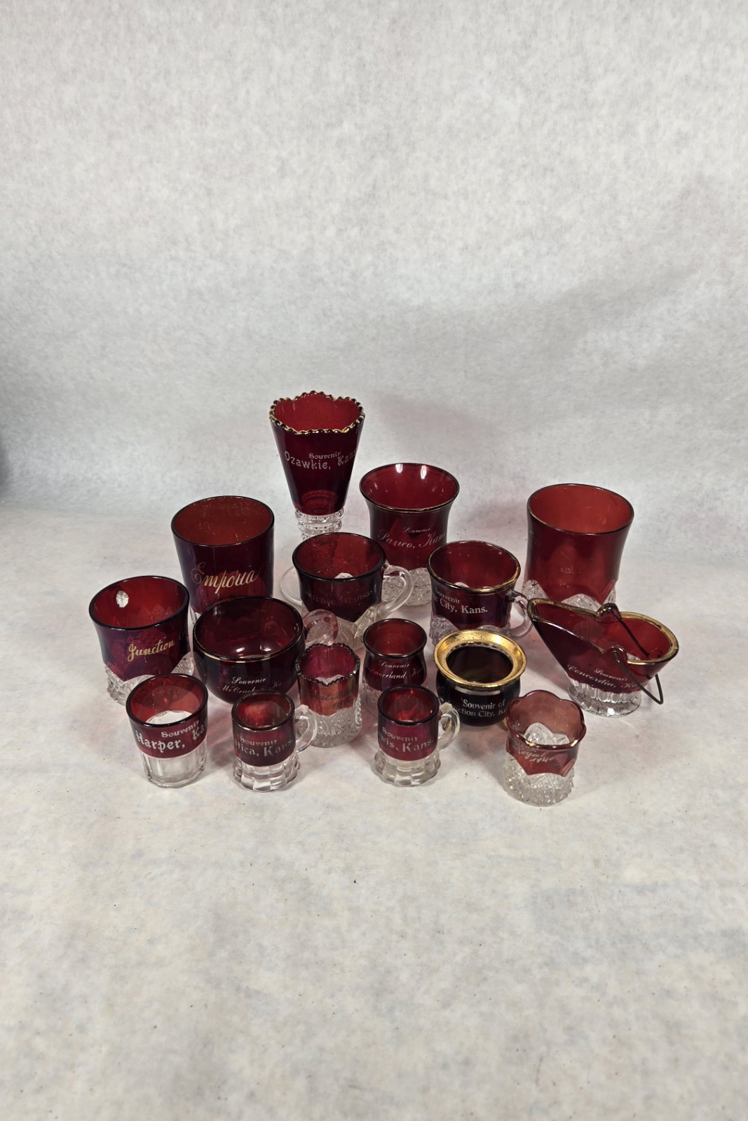 Antique Ruby Red Flash & Clear Glass KANSAS Souvenir Lot Of 16 SEE PHOTOS 