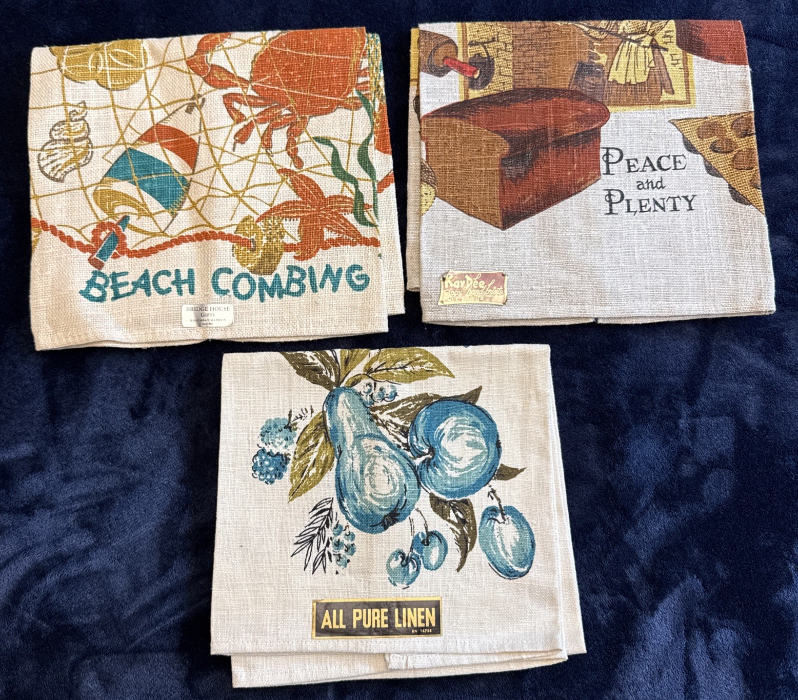 3 VTG Pure Linen Dish Towels Blue Fruit, Beach Combing, Peace And Plenty NWT