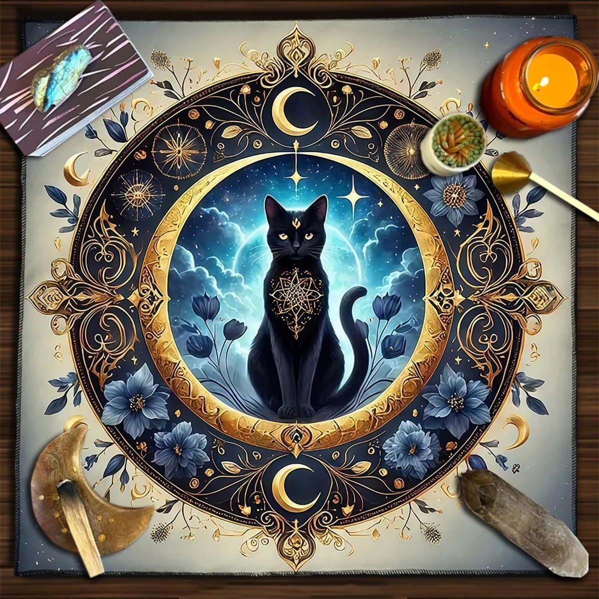 Black Cat Tarot Tablecloth Star Moon Altar Cloth Witchy Decor Ritual Table
