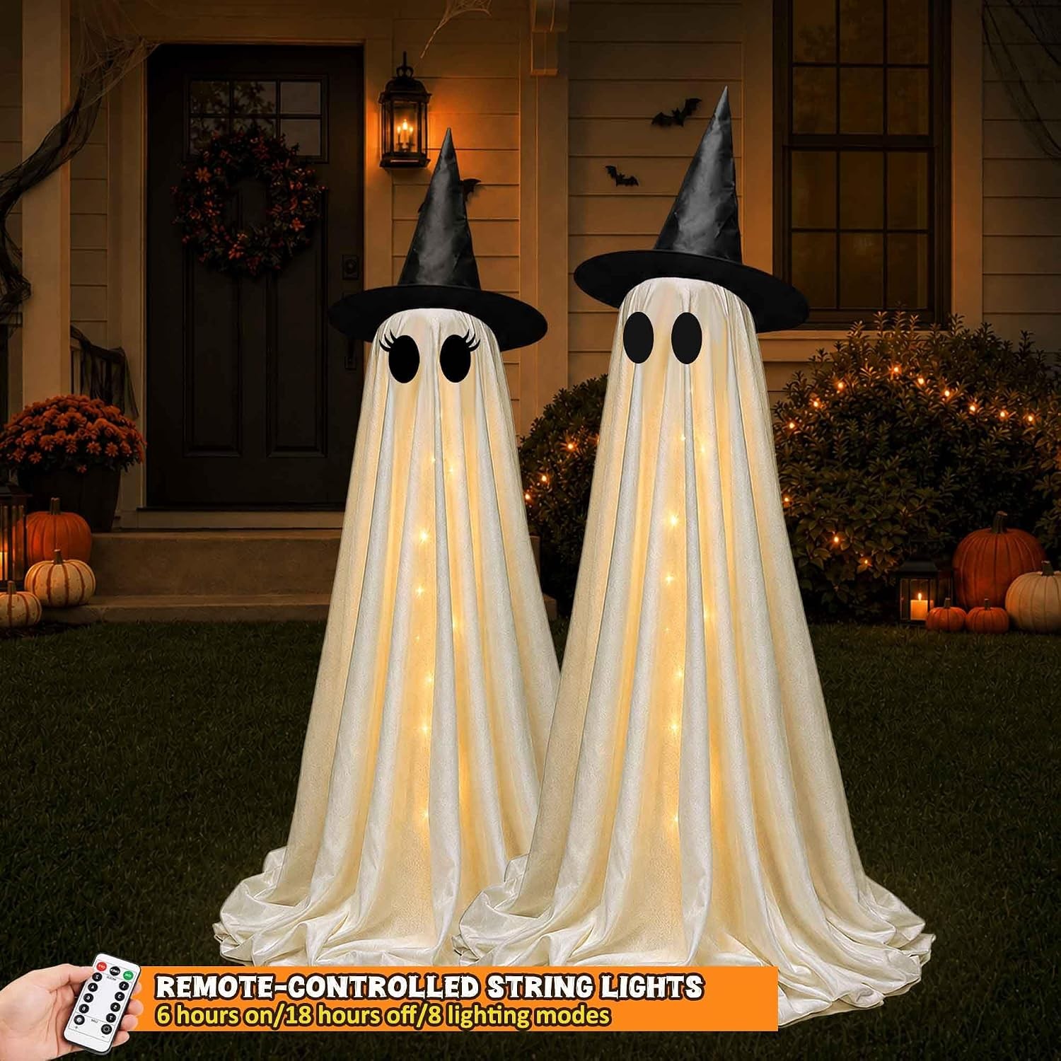 2 Pack Halloween Ghost Decorations, Light up Ghosts with Witch Hat and Remote Co