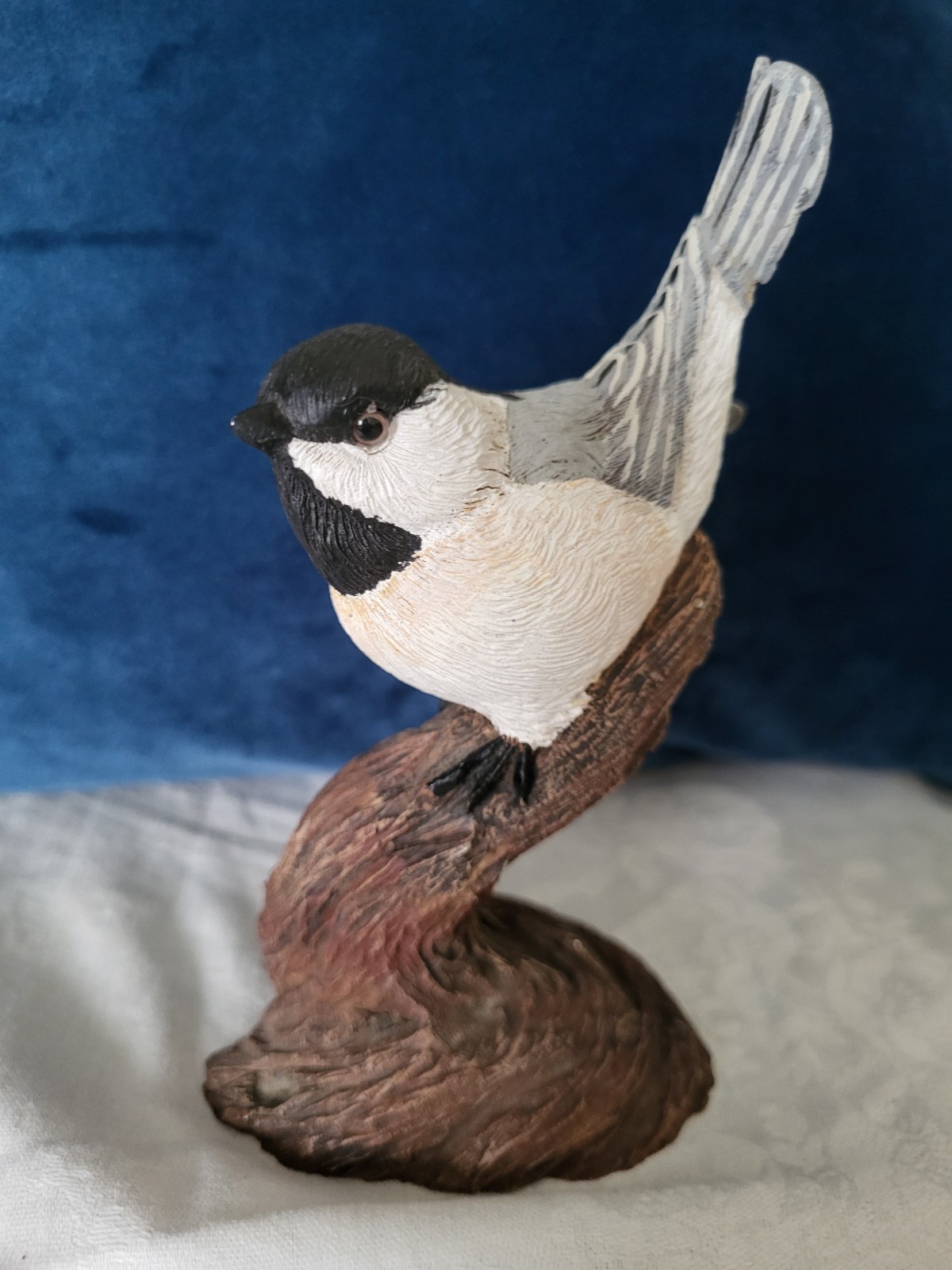 Jennings Decoy Co. carved resin chickadee on branch figurine