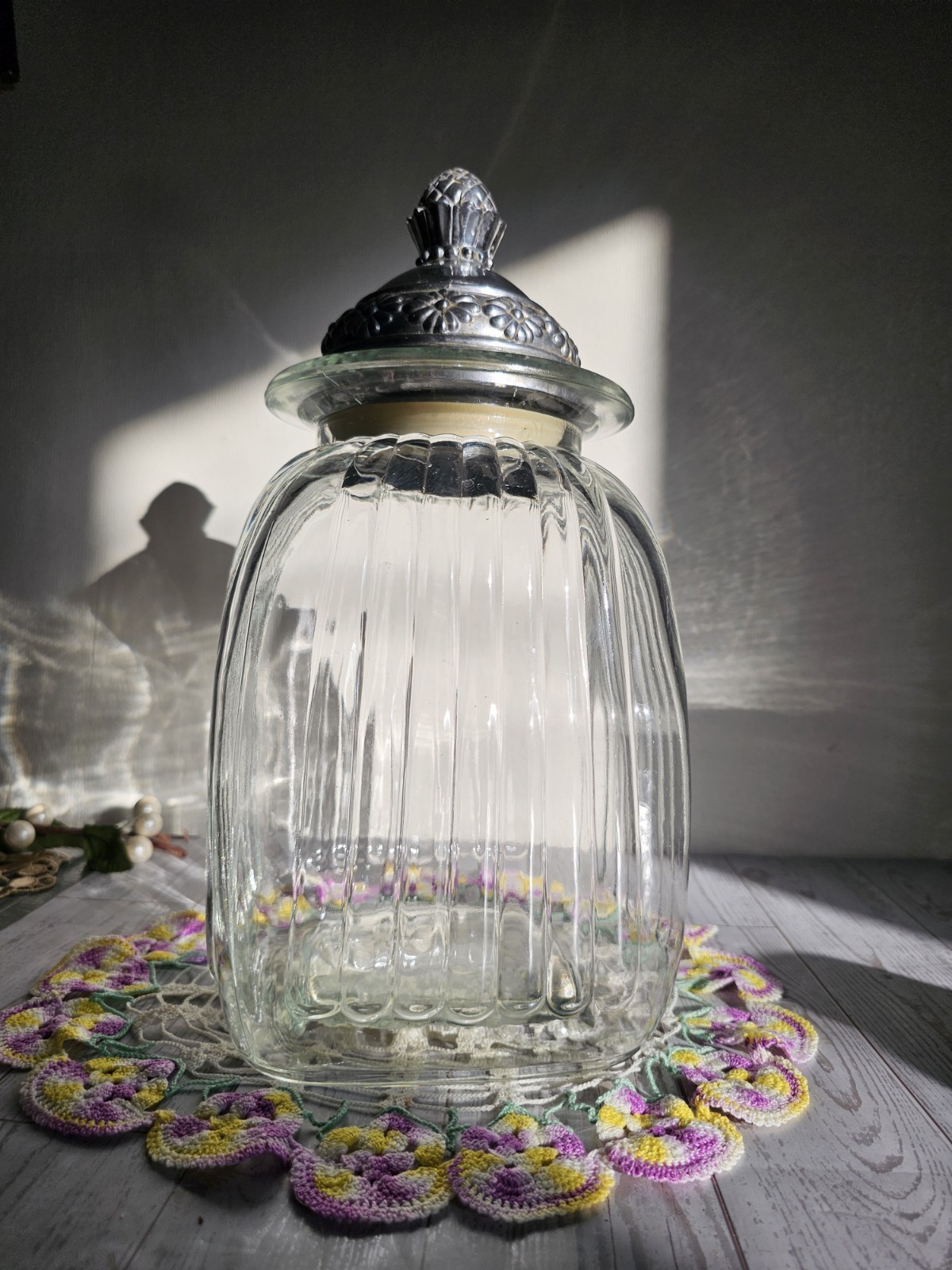 Vintage Artland Ribbed Glass Container with Decorative Pineapple Pewter Lid